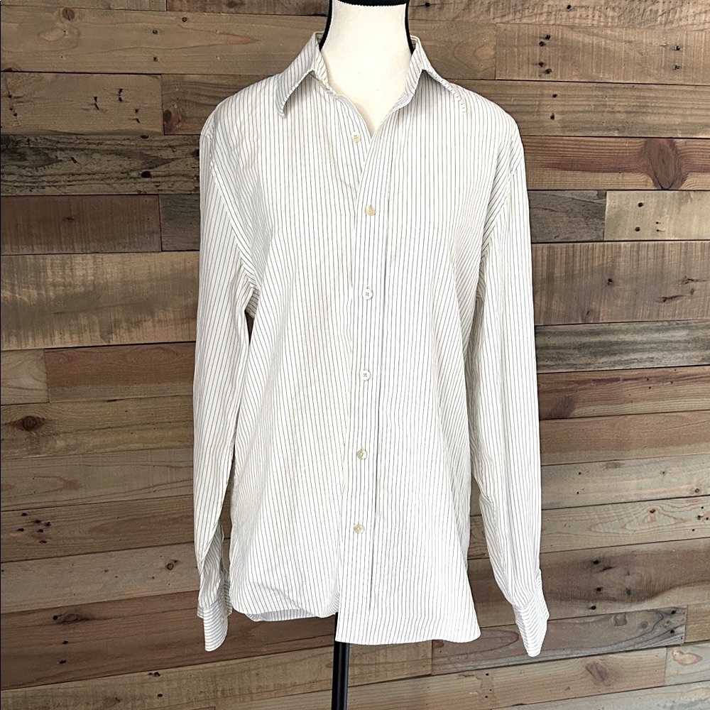 Express Men's White with Black Pinstripe Long Sleeve Dress Shirt Sz 15-15.5